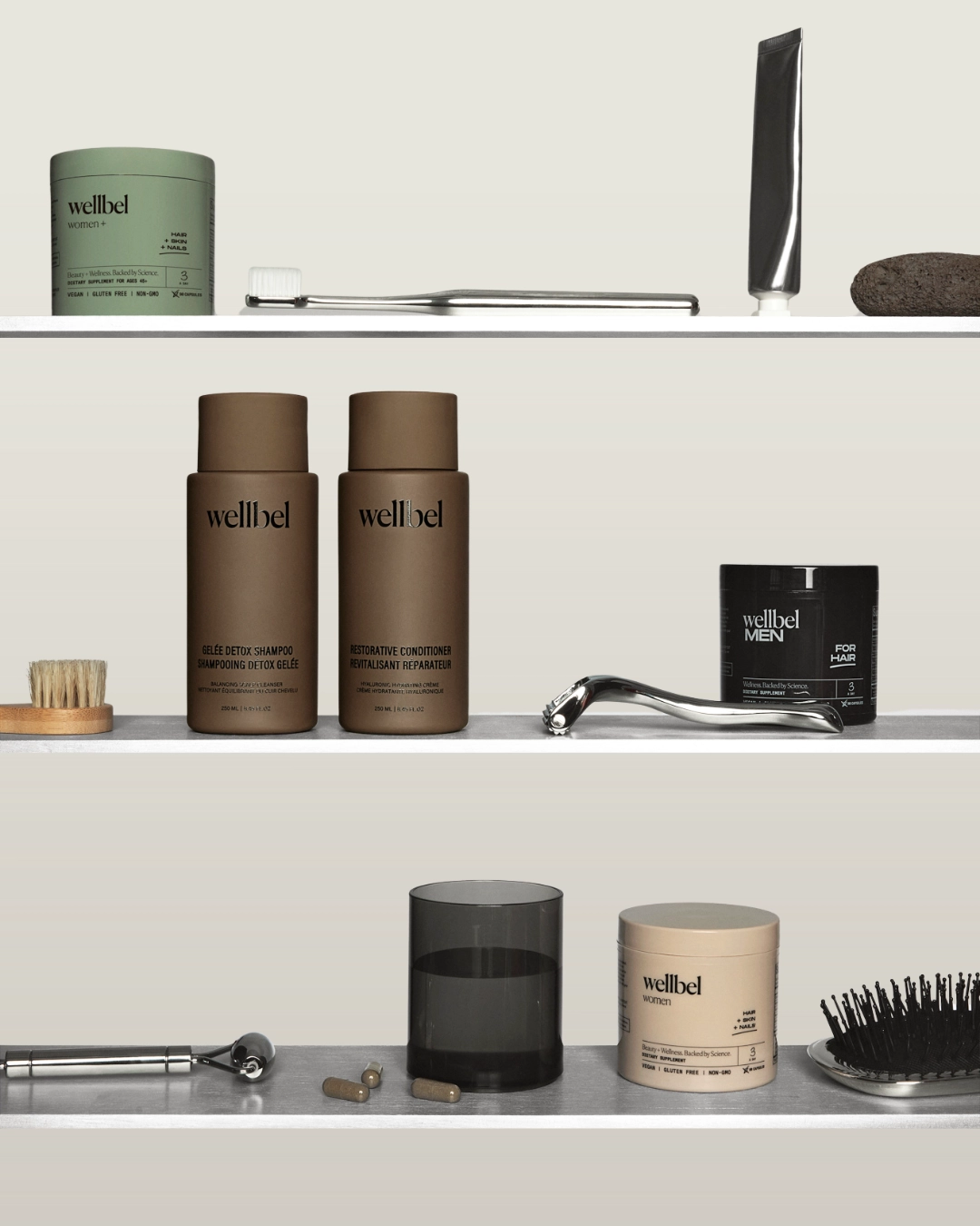 Top shelf: a green Wellbel Women+ jar beside a toothbrush and tube